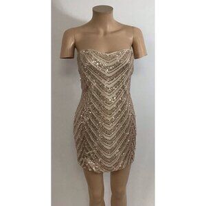 HELLO MOLLY Mini Dress Womens Medium Gold Zip Sequins Short Sleeveless 🤩